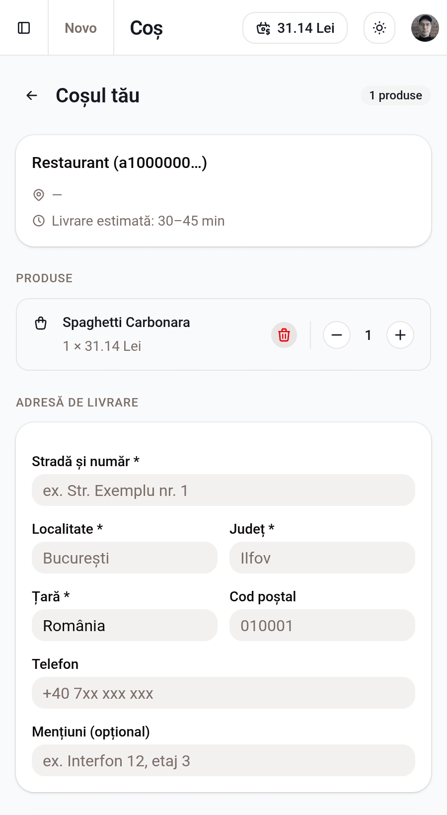 Coș — produse adăugate (versiune mobilă)