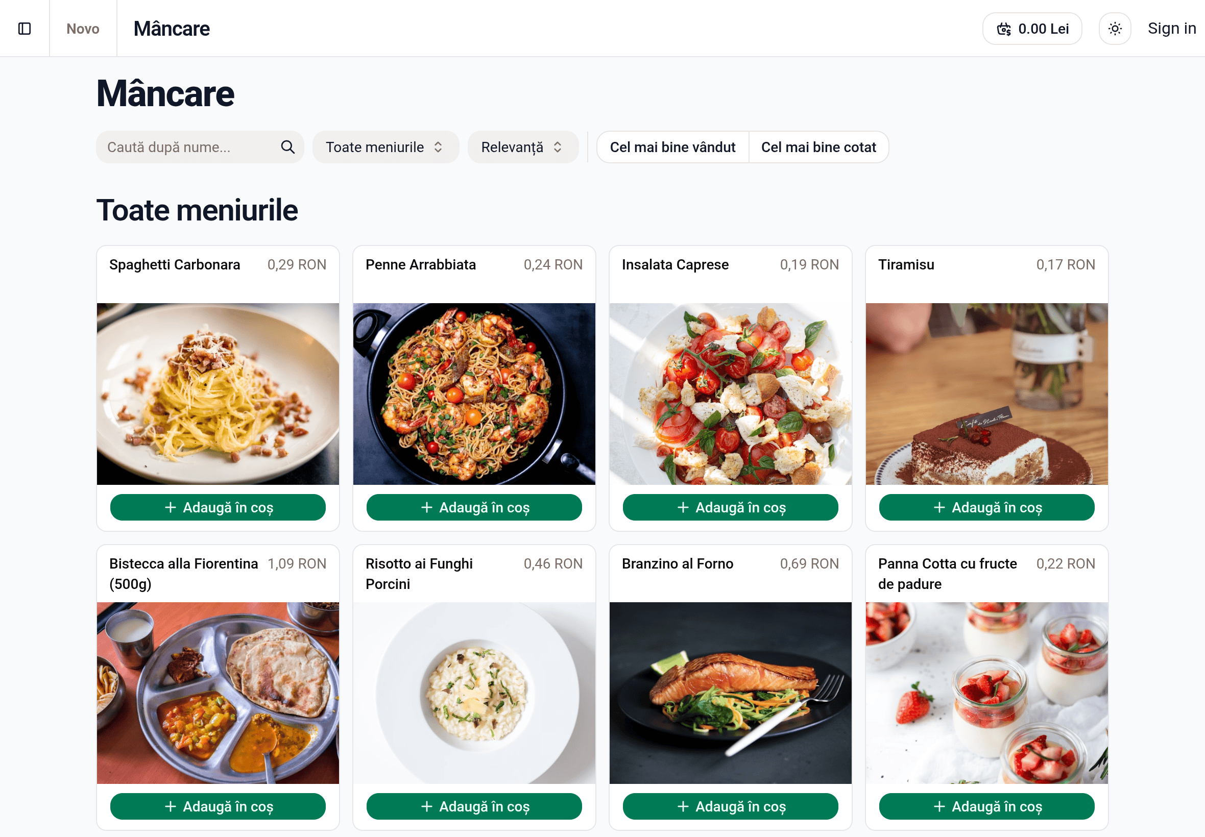 Pagina principală a site-ului de comenzi Novo Eats
